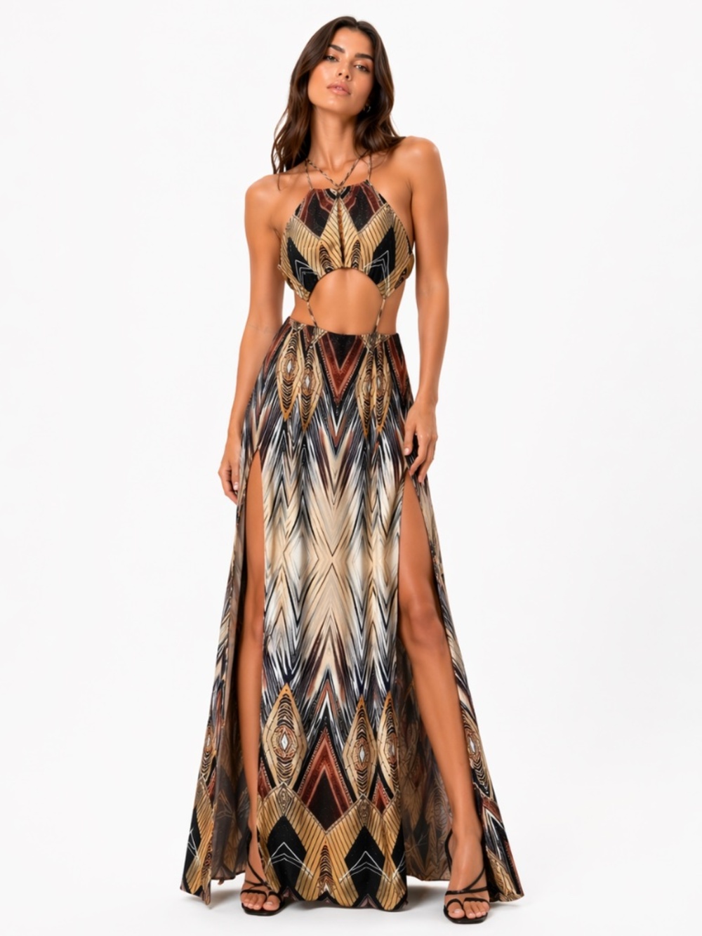 Hot Miami Styles Aztec Patterned Dress Backless Dress w Cut Out Waist